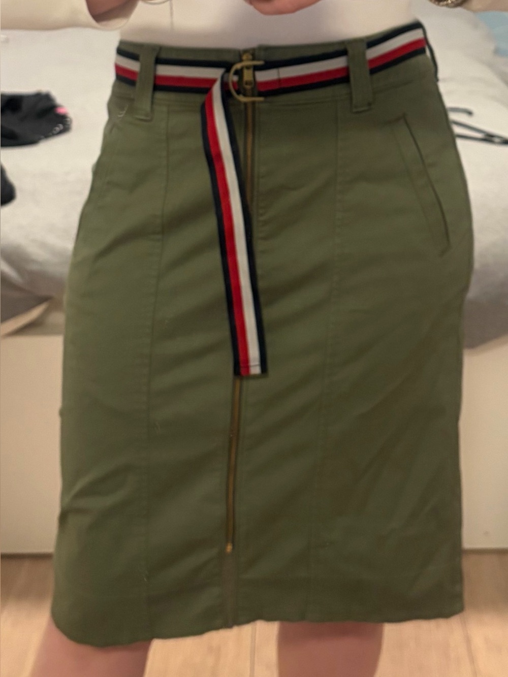 Olive Green Midi Skirt with Stripe Belt